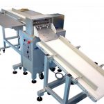 Rotary die station with conveyor breaks food product into smaller pieces