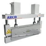 Heavy duty guillotine knife assembly cuts thick rubber