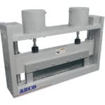 Heavy duty guillotine knife assembly with sawtooth blade cuts thick rubber