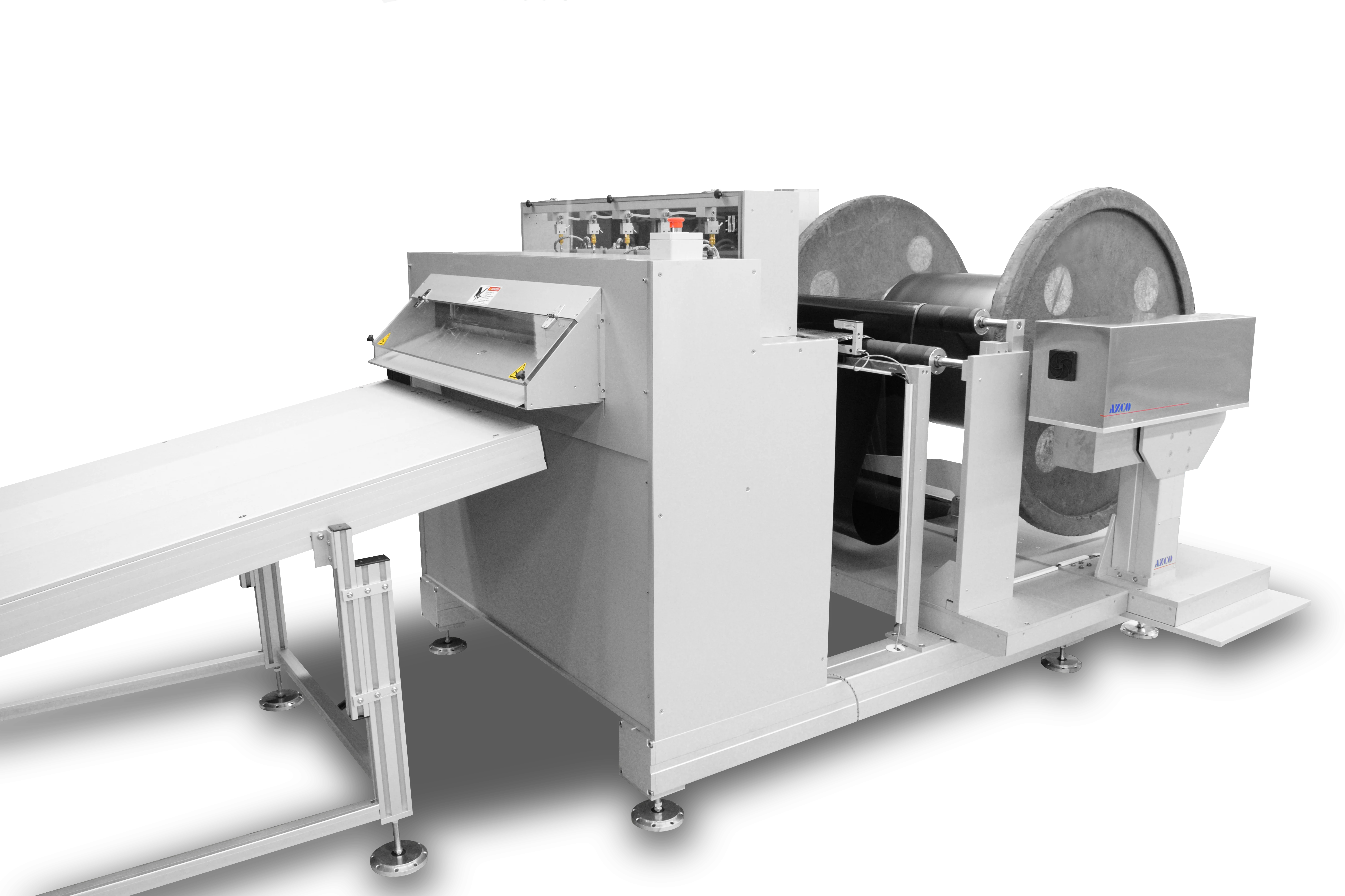 Cut to length sheeter with unwind, feeds, slits, and rewinds multilayered material